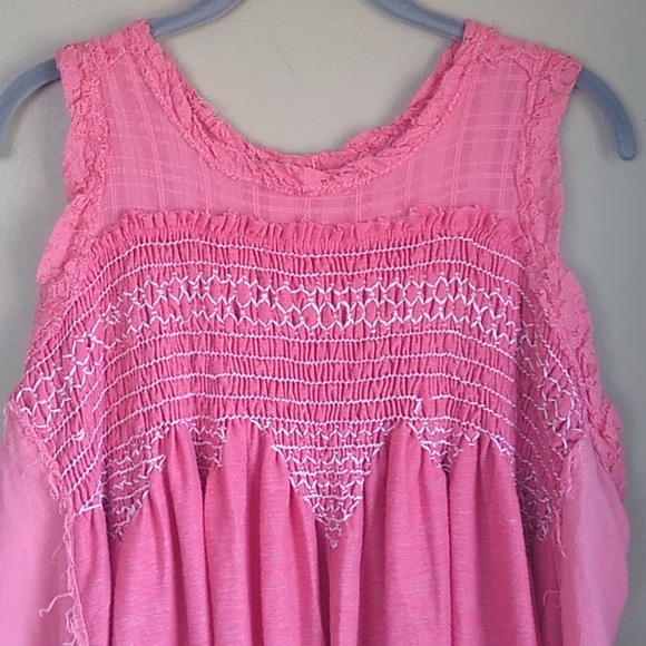 Free People Oversized Flowy Gossy Boho Tunic Pink Distressed cotton Top Size L, - Picture 2 of 10